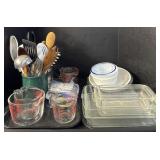 Pyrex Baking Dishes, Measuring Cups, Utensils.