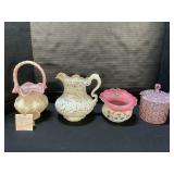 Fenton Burmese Glass Basket & Jar, Blown Glass.