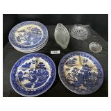 Flow Blue England Divided Plates, EAPG Glass.