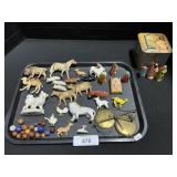Celluloid & Porcelain Animals, Marbles, Nativity.