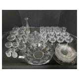 Etched Floral Glassware. Plates, Goblets, Bowl.