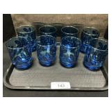 8 Mid Century Blue Leaf Glasses.