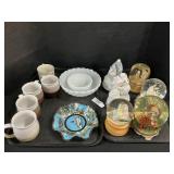 Snow Globes, Ceramic Mugs, Milk Glass Bowls.