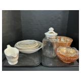 Carnival Glass Bowls, Large Glass Jar, Gravy Boat.
