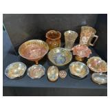 Carnival Glass Vases, Pitcher, Bowls.