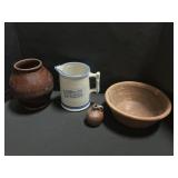 Redware Bowl, Vase, Jug & Stoneware Pitcher.
