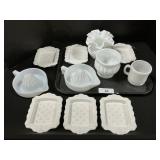 Sunkist Juicers, Milk Glass Vases, Soap Dishes.