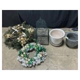 Planters, Decorative Bird Cage, Wreaths.
