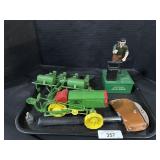 John Deere Mechanical Bank, Hatchet, Toy Tractor.