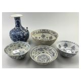 Chinese Blue & White Porcelain Kendi & 4 Bowls.