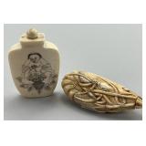 2 Chinese Scrimshaw & Carved Bone Snuff Bottles.