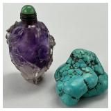Chinese Carved Amethyst & Turquoise Snuff Bottles.