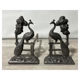 Pair Antique Cast Iron Peacock on Fence Andirons.