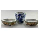 Blue & White Brush Pot & 2 Famille Jaune Planters.