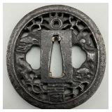 Japanese 19th Century Silver Inlaid Iron Tsuba.