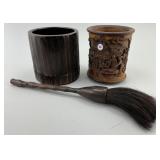 2 Antique Chinese Calligraphy Brush Pots & Brush.