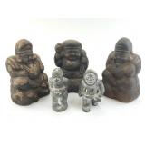 3 Japanese Folk Art Gods & 2 Inuit Stone Carvings.