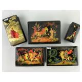 5 Vintage Russian Painted Lacquer Boxes.