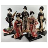 One Samurai & Four Japanese Geisha Vintage Dolls.