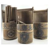 3 Antique Japanese Wooden Sake Kegs & Staves.