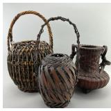 3 Antique Japanese Bamboo Ikebana Flower Baskets.