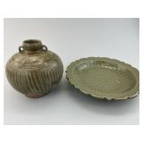 Antique Celadon Pottery Spherical Jar & Dish.