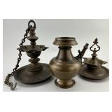 2 Brass Hanging Oil Lamps & a  Nepalese Karuwa.