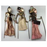 3 Vintage Wayang Golek Wooden Rod Puppets.