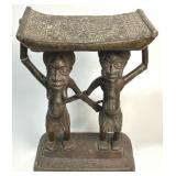 Rare Antique African Luba Bronze Caryatid Stool.