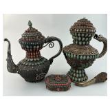 Tibetan Coral & Turquoise Mix-Metal Teapots & Box.