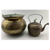 Antique Middle Eastern Brass Teapot & Cauldron.