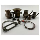 3 Brass Kindi, Mortar, Pot, Stirrup & Bridle.
