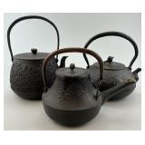 3 Antique Japanese Cast Iron Tetsubin Kettles.