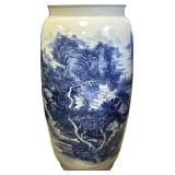 Japanese Blue & White Arita Landscape Temple Vase.