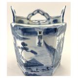Antique Blue & White Octagonal Warriors Teapot.