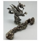 Chinese Bronze Ruyi Scepter & Dragon Okimono.