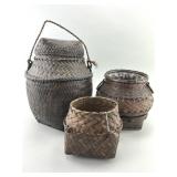 3 Antique Asian Woven Bamboo Baskets.