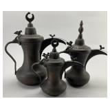 3 Antique Copper Dallah Bedouin Coffee Pots.