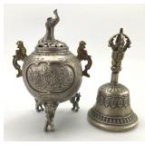 Antique Chinese Brass Censer & Tibetan Bell.