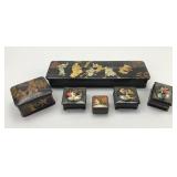 6 Russian & Asian Black Lacquered Trinket Boxes.