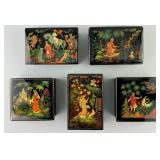 5 Vintage Russian Painted Lacquer Boxes.