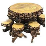 Vintage Lacquered Burl Root Table with 7 Stools.