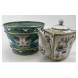 Chinese Cloisonnï¿½ Enamel Jardiniere & Teapot.