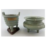 2 Antique Chinese Celadon Glazed Tripod Censers.