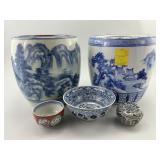 Chinese Blue & White Jardinieres and Bowls.