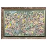 Large Vintage Balinese Market Scene Painting.