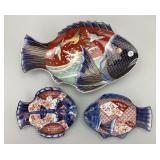 3 Japanese Imari Porcelain Fish Dishes.
