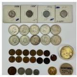 10 Clad Kennedy Halves, Pennies, & Foreign Cents.