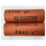 2 Rolls 90% Silver Uncirculated 1958-P Quarters.