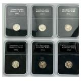 6 Uncirculated 90% Silver Mercury Dime Slabs.